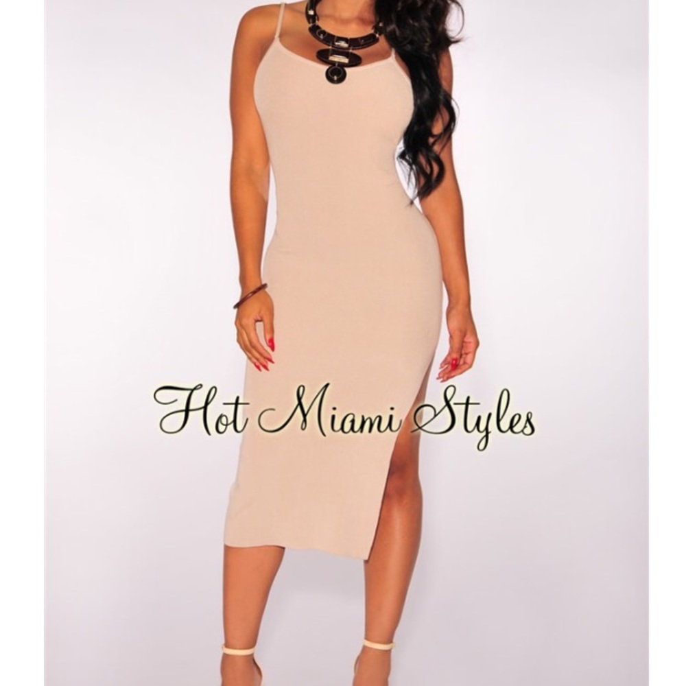 ⭐️ Nude Ribbed Bodycon Midi Dress w/ Side Spilt